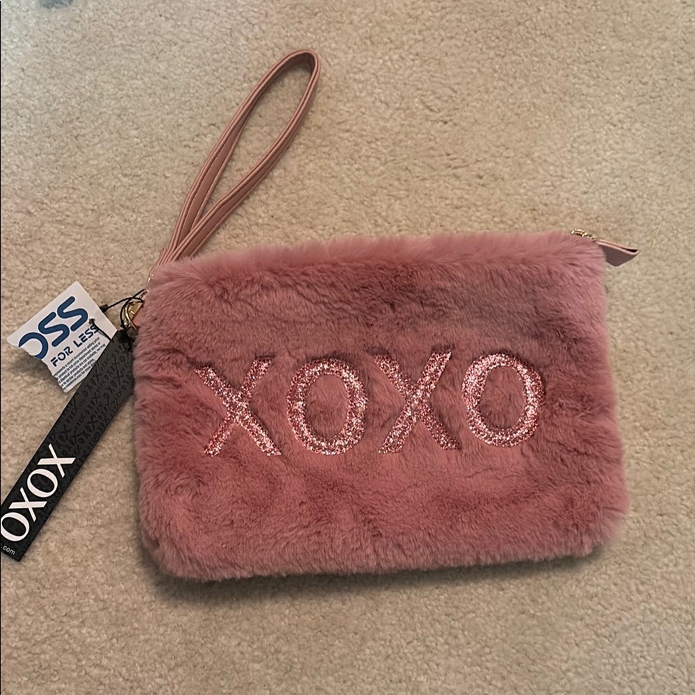 XOXO Pink Cosmetic Bag with Faux Fur Texture